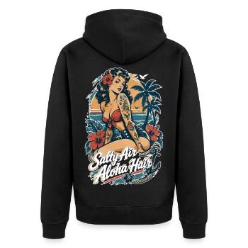 Salty Air Aloha Hair Pin-Up im Sailor Jerry Stil - Unisex Premium Bio Zip Hoodie - Schwarz - Hinten - Nico (187cm)