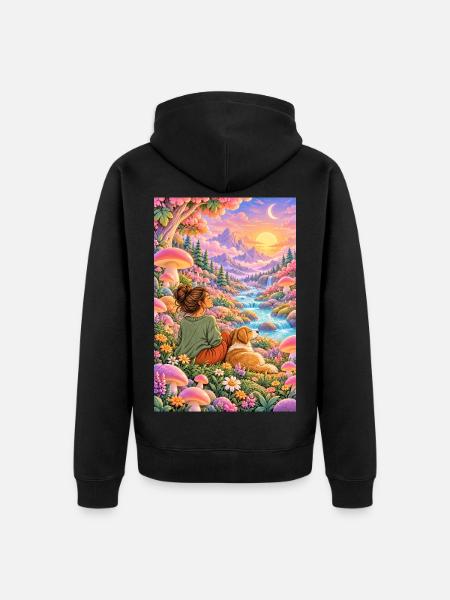 Pilzwald mit Frau und Hund - Unisex Premium Bio Zip Hoodie - Schwarz