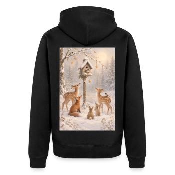 Waldwinter: helle Fauna - Unisex Premium Bio Zip Hoodie - Schwarz - Hinten - Nico (187cm)