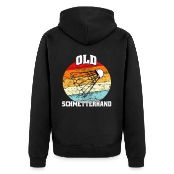 Old Schmetterhand Badminton - Unisex Premium Bio Zip Hoodie - Schwarz - Hinten - Nico (187cm)