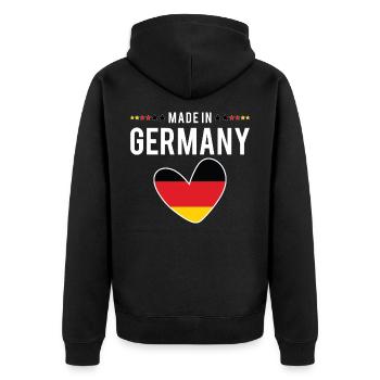 Made in Germany, Deutsche Flagge Herz, Männer Frauen Kinder - Unisex Premium Bio Zip Hoodie - Schwarz - Hinten - Nico (187cm)