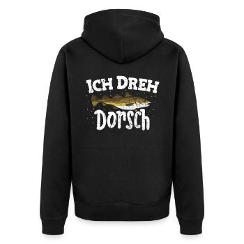 Ich dreh Dorsch Angeln Spruch Vatertag outfit - Unisex Premium Bio Zip Hoodie - Schwarz - Hinten - Nico (187cm)