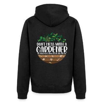 Leg Dich Nicht Mit Einem Gärtner An, Niemand - Unisex Premium Bio Zip Hoodie - Schwarz - Hinten - Nico (187cm)