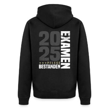 Pflege Examen Bestanden 2025 - Unisex Premium Bio Zip Hoodie - Schwarz - Hinten - Nico (187cm)