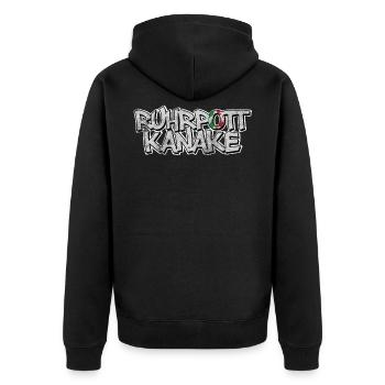 Ruhrpott Kanake mit NRW Logo - Unisex Premium Bio Zip Hoodie - Schwarz - Hinten - Nico (187cm)