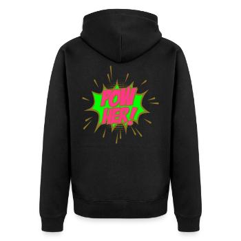 Farben änderbar | Pow her Frau Energie Power - Unisex Premium Bio Zip Hoodie - Schwarz - Hinten - Nico (187cm)