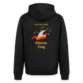 "ICH BIN ENE KÖLSCHE JUNG" 3 - Unisex Premium Bio Zip Hoodie - Schwarz - Hinten - Nico (187cm)
