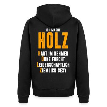 Holz - Unisex Premium Bio Zip Hoodie - Schwarz - Hinten - Nico (187cm)