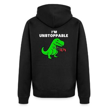 I AM UNSTOPPABLE Dinosaurier T-Rex Tyrannosaurus - Unisex Premium Bio Zip Hoodie - Schwarz - Hinten - Nico (187cm)