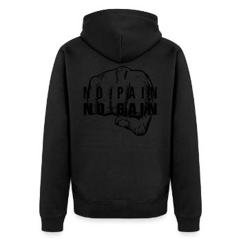 NO PAIN NO GAIN (b) - Unisex Premium Bio Zip Hoodie - Schwarz - Hinten - Nico (187cm)