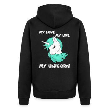 Einhorn - Licorne - Unicorn - Unisex Premium Bio Zip Hoodie - Schwarz - Hinten - Nico (187cm)