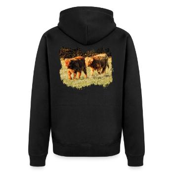 Two shaggy highland calves in the pasture - Unisex Premium Organic Zip Hoodie - black - Back - Nico (187cm)