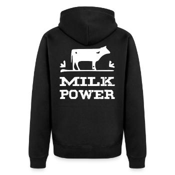 Milk Power weiss - Unisex Premium Bio Zip Hoodie - Schwarz - Hinten - Nico (187cm)