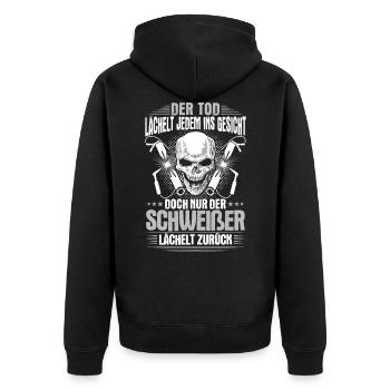 Schweißer Lächeln Geschenk Geschenkidee Schweißen - Unisex Premium Bio Zip Hoodie - Schwarz - Hinten - Nico (187cm)