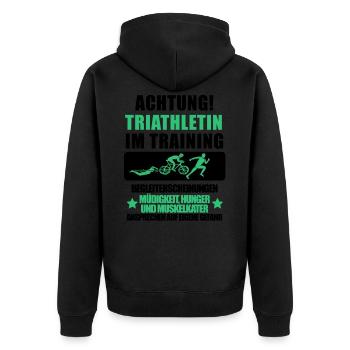 Triathletin Geschenk • Triathlet Training Shirt - Unisex Premium Bio Zip Hoodie - Schwarz - Hinten - Nico (187cm)