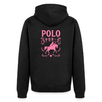Polo Sport Pferd Pferde-Polo Reiten Reiterin - Unisex Premium Bio Zip Hoodie - Schwarz - Hinten - Nico (187cm)