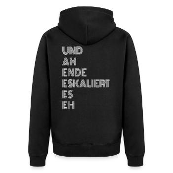 Und am Ende eskaliert es eh ! Lustige Sprüche - Unisex Premium Bio Zip Hoodie - Schwarz - Hinten - Nico (187cm)
