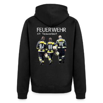 Feuerwehr ist Teamarbeit - Unisex Premium Bio Zip Hoodie - Schwarz - Hinten - Nico (187cm)