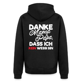 Danke Mama Papa dass ich kein Wessi bin Geschenk - Unisex Premium Bio Zip Hoodie - Schwarz - Hinten - Nico (187cm)