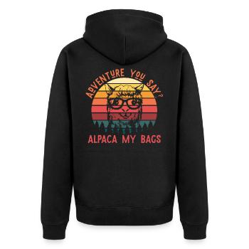 Alpaca Abenteuer - Unisex Premium Bio Zip Hoodie - Schwarz - Hinten - Nico (187cm)