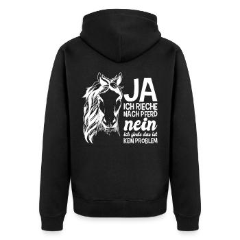 Nach Pferd riechen Reiterin Reiter lustig - Unisex Premium Bio Zip Hoodie - Schwarz - Hinten - Nico (187cm)