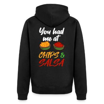 Chips und Salsa Spruch - Unisex Premium Bio Zip Hoodie - Schwarz - Hinten - Nico (187cm)