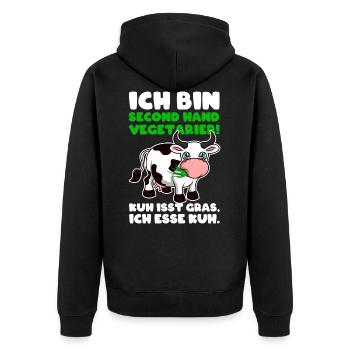 Ich bin Second Hand Vegetarier Shirt - Kuh - Unisex Premium Bio Zip Hoodie - Schwarz - Hinten - Nico (187cm)