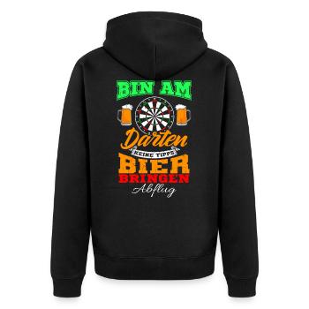 Bin am Darten Lustiger Dart Spruch - Darts Profi - Unisex Premium Bio Zip Hoodie - Schwarz - Hinten - Nico (187cm)