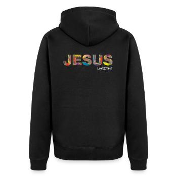 Jesus liebt dich - Unisex Premium Bio Zip Hoodie - Schwarz - Hinten - Nico (187cm)