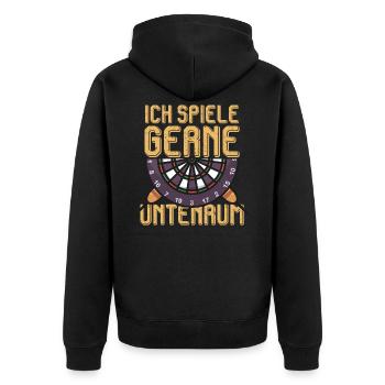 Ich spiele gerne untenrum - Dart - Unisex Premium Bio Zip Hoodie - Schwarz - Hinten - Nico (187cm)