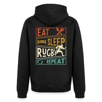 Eat Sleep Rugby Repeat - Rugbyspieler - Unisex Premium Bio Zip Hoodie - Schwarz - Hinten - Nico (187cm)