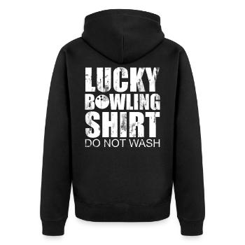 Lucky bowling shirt do not wash - Bowler - Unisex Premium Bio Zip Hoodie - Schwarz - Hinten - Nico (187cm)