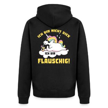 Ich bin nicht dick ich bin flauschig! - Unisex Premium Bio Zip Hoodie - Schwarz - Hinten - Nico (187cm)
