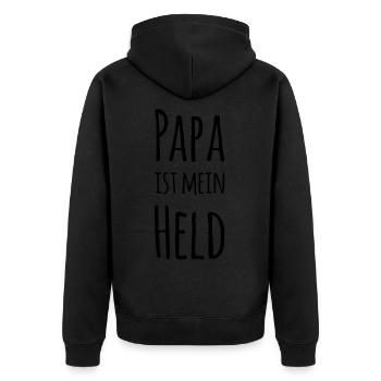 Papa ist mein Held - Unisex Premium Bio Zip Hoodie - Schwarz - Hinten - Nico (187cm)