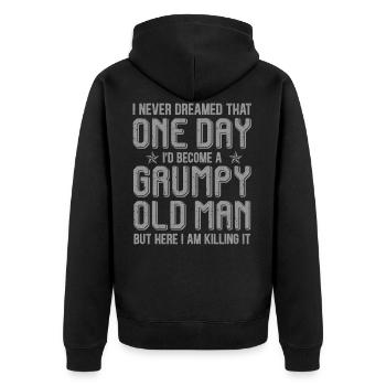 Grumpy Old Man Killing It - Unisex Premium Bio Zip Hoodie - Schwarz - Hinten - Nico (187cm)