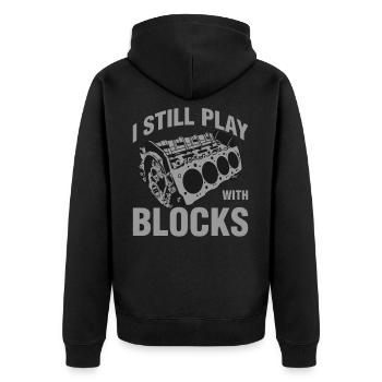 I Still Play With Blocks Lustig Mechaniker - Unisex Premium Bio Zip Hoodie - Schwarz - Hinten - Nico (187cm)