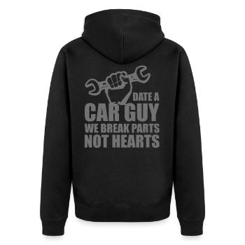 Date a car guy we break parts not hearts - Unisex Premium Bio Zip Hoodie - Schwarz - Hinten - Nico (187cm)