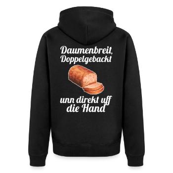 Hauptsach Gudd Gess Saarland Saarländer Fleischkäs - Unisex Premium Bio Zip Hoodie - Schwarz - Hinten - Nico (187cm)