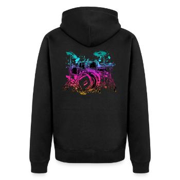 Schlagzeug Schlagzeuger Bunt Farbig - Unisex Premium Bio Zip Hoodie - Schwarz - Hinten - Nico (187cm)