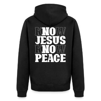 Know Jesus Know Peace - Glaube Gott - Unisex Premium Bio Zip Hoodie - Schwarz - Hinten - Nico (187cm)