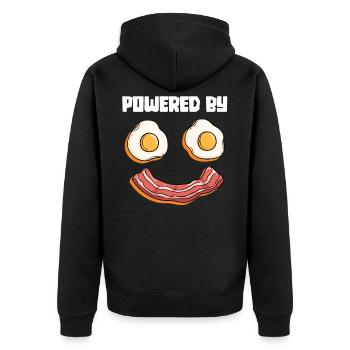 Powered By Eggs And Bacon - Frühstück Spiegelei - Unisex Premium Bio Zip Hoodie - Schwarz - Hinten - Nico (187cm)