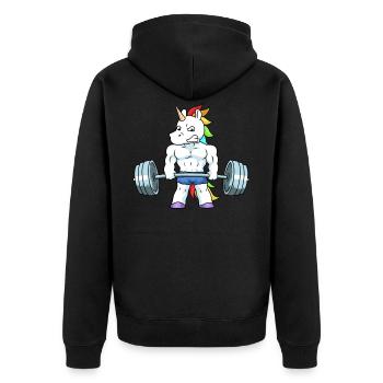 Gewichthebendes Einhorn Lustig Geschenk - Unisex Premium Bio Zip Hoodie - Schwarz - Hinten - Nico (187cm)