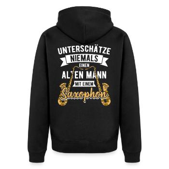 Unterschätze Niemals Einen Alten Mann Mit Saxophon - Unisex Premium Bio Zip Hoodie - Schwarz - Hinten - Nico (187cm)