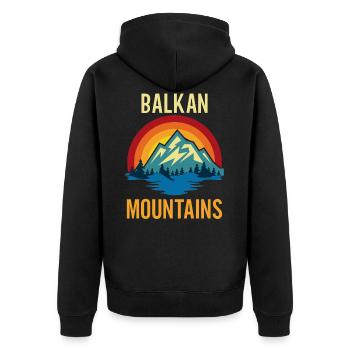 Balkan-Berge Sonnenuntergang - Unisex Premium Bio Zip Hoodie - Schwarz - Hinten - Nico (187cm)