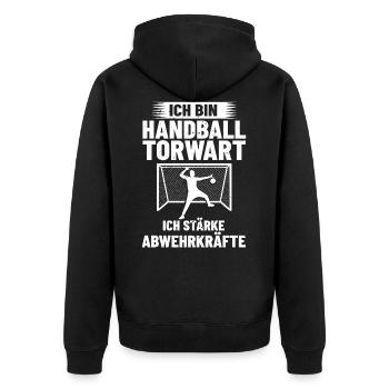 Handball Torwart Abwehrkräfte HandballDesign - Unisex Premium Bio Zip Hoodie - Schwarz - Hinten - Nico (187cm)