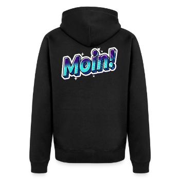 Moin! Sticker Blau - Unisex Premium Bio Zip Hoodie - Schwarz - Hinten - Nico (187cm)