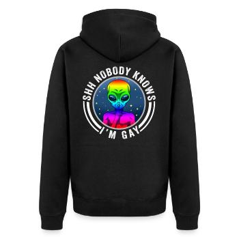 Shh Nobody Knows Im Gay Schwul Geschenk - Unisex Premium Bio Zip Hoodie - Schwarz - Hinten - Nico (187cm)