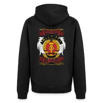 Alter Mann DDR Ossi im Osten geboren Mauer Spruch - Unisex Premium Bio Zip Hoodie - Schwarz - Hinten - Nico (187cm)