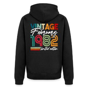 Anniversaire Février 1982 Vintage Retro Colors - Veste à capuche bio Premium Unisexe - noir - Dos - Nico (187cm)
