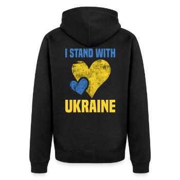 I Stand With Ukraine Herz Krieg Frieden Peace - Unisex Premium Bio Zip Hoodie - Schwarz - Hinten - Nico (187cm)